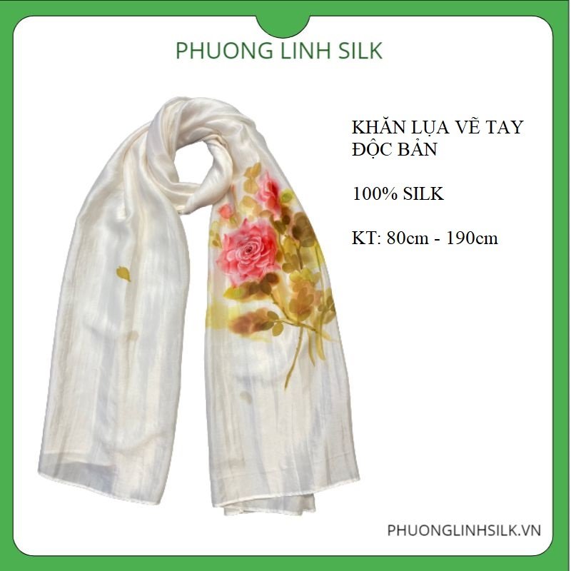 KHĂN LỤA VẼ MÀU NƯỚC 100% TƠ TẰM HOA HỒNG ĐỎ