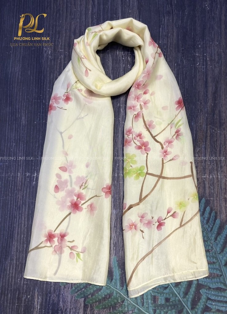 KHĂN LỤA VẼ MÀU NƯỚC NGHỆ THUẬT 100% TƠ TẰM HOA ĐÀO