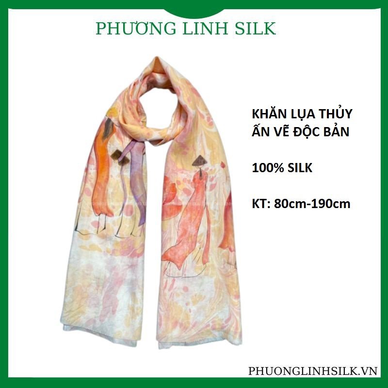 KHĂN LỤA VẼ TAY THỦY ẤN ĐỘC BẢN VẼ CÔ GÁI BÊN QUỐC HOA