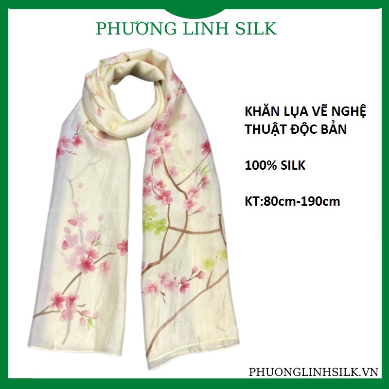 KHĂN LỤA VẼ MÀU NƯỚC NGHỆ THUẬT 100% TƠ TẰM HOA ĐÀO