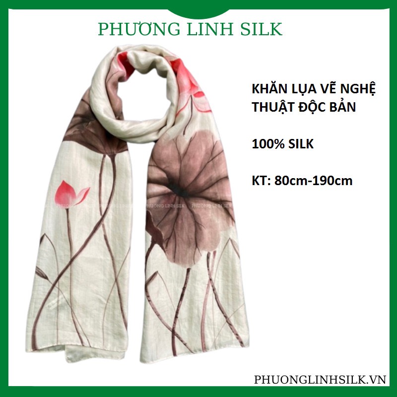 KHĂN LỤA VẼ MÀU NƯỚC NGHỆ THUẬT 100% TƠ TẰM HOA SEN QUỐC