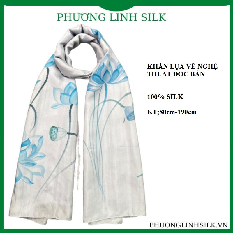 KHĂN LỤA VẼ MÀU NƯỚC NGHỆ THUẬT 100% TƠ TẰM HOA SEN QUỐC