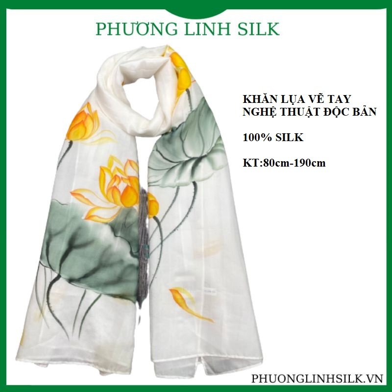 KHĂN LỤA VẼ MÀU NƯỚC NGHỆ THUẬT 100% TƠ TẰM HOA SEN QUỐC