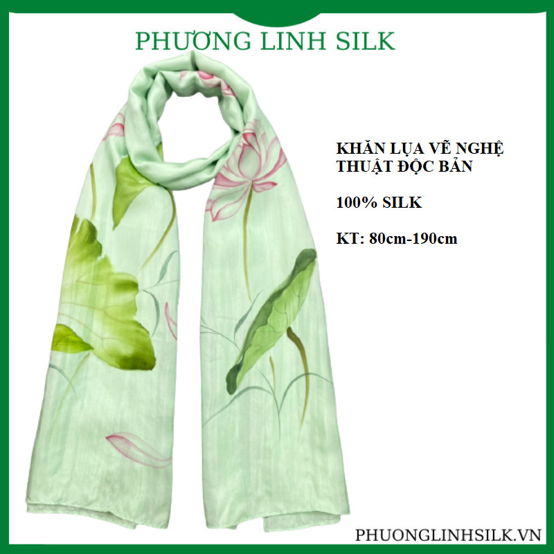 KHĂN LỤA VẼ MÀU NƯỚC NGHỆ THUẬT 100% TƠ TẰM HOA SEN QUỐC