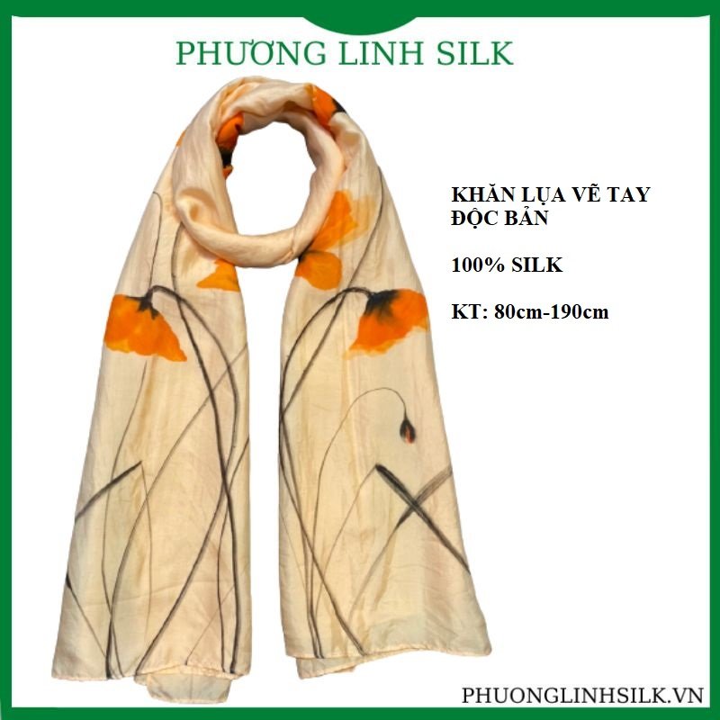 KHĂN LỤA VẼ MÀU NƯỚC 100% TƠ TẰM HOA POPPY