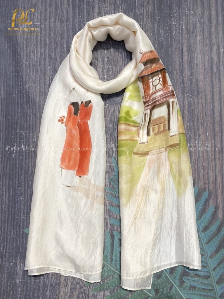 KHĂN LỤA VẼ MÀU NƯỚC NGHỆ THUẬT ĐỘC BẢN 100% TƠ TẰM KHUÊ VĂN CÁC