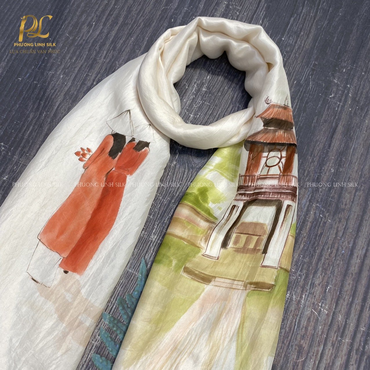 KHĂN LỤA VẼ MÀU NƯỚC NGHỆ THUẬT ĐỘC BẢN 100% TƠ TẰM KHUÊ VĂN CÁC