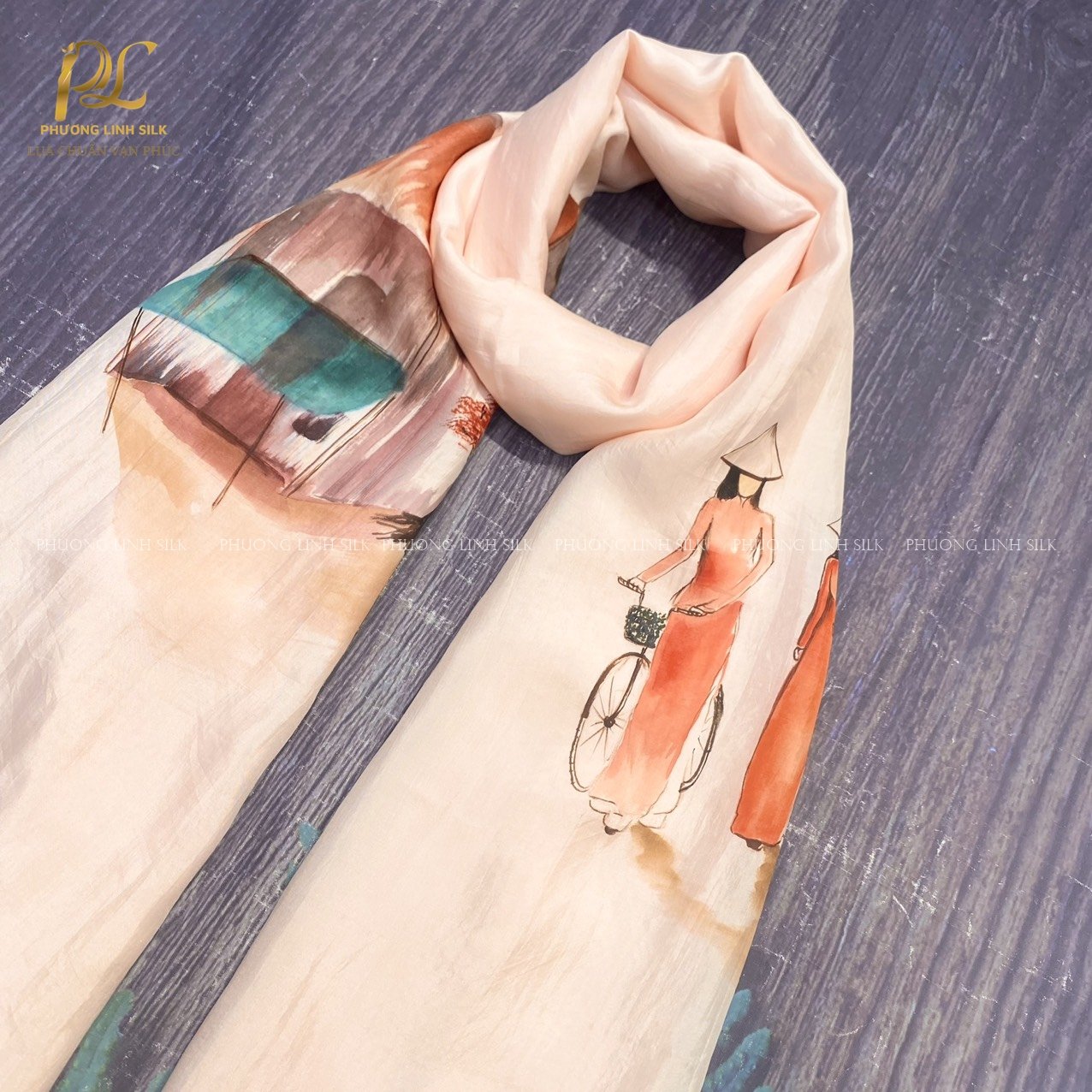 KHĂN LỤA VẼ MÀU NƯỚC NGHỆ THUẬT ĐỘC BẢN 100% TƠ TẰM PHỐ CỔ