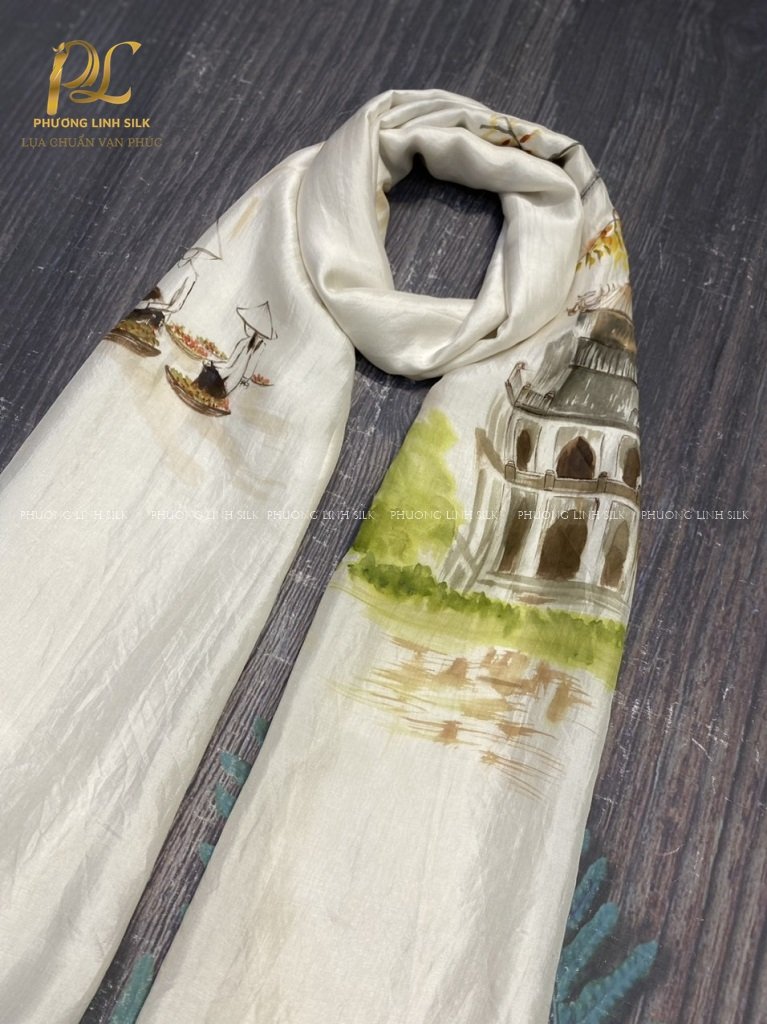 KHĂN LỤA VẼ MÀU NƯỚC NGHỆ THUẬT ĐỘC BẢN 100% TƠ TẰM HỒ GƯƠM