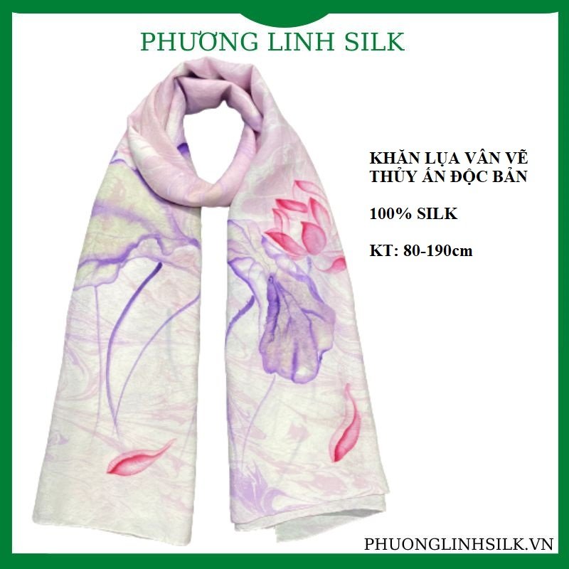 KHĂN LỤA VẼ TAY CAO CẤP VÂN CỔ THỦY ẤN 100% TƠ TẰM ĐỘC BẢN VẼ HOA SEN QUỐC