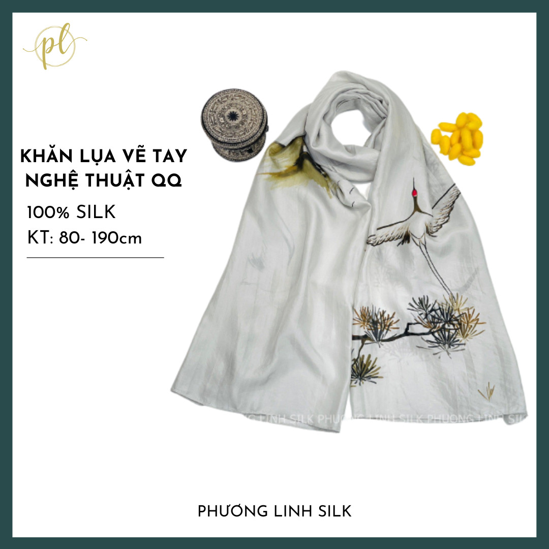 KHĂN LỤA VẼ MÀU NƯỚC NGHỆ THUẬT 100% HẠC TIÊN