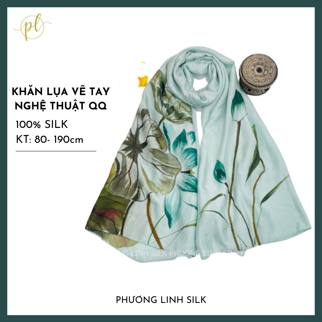 KHĂN LỤA VẼ MÀU NƯỚC NGHỆ THUẬT 100% TƠ TẰM HOA SEN QUỐC
