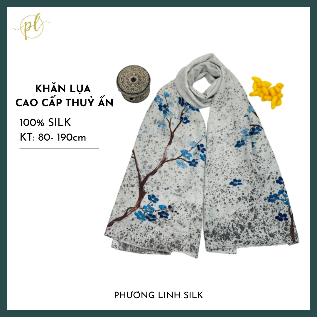 KHĂN LỤA TƠ TẰM VẼ TAY THỦY ẤN ĐỘC BẢN HOA ĐÀO