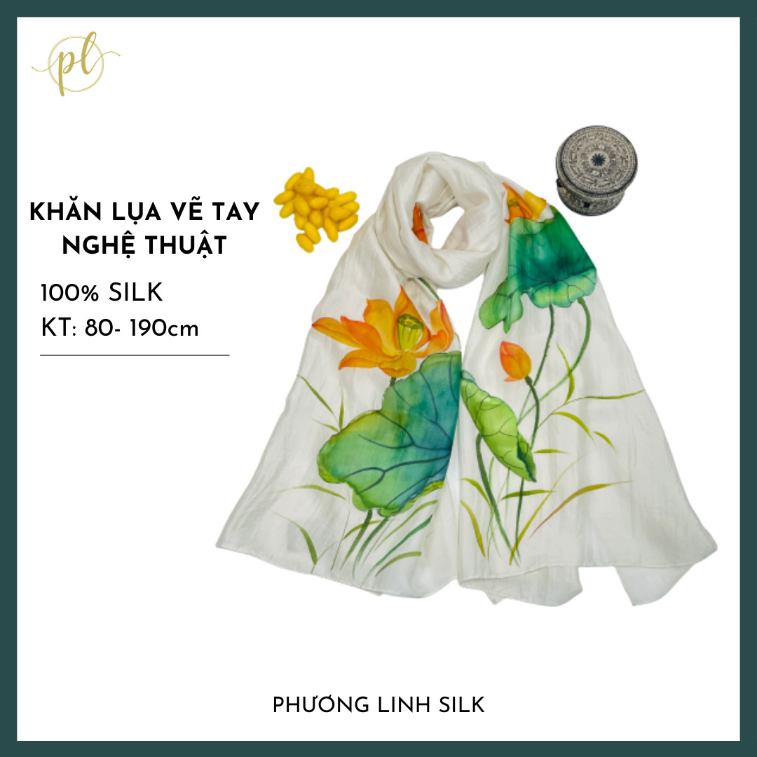 KHĂN LỤA VẼ MÀU NƯỚC NGHỆ THUẬT 100% TƠ TẰM HOA SEN QUỐC