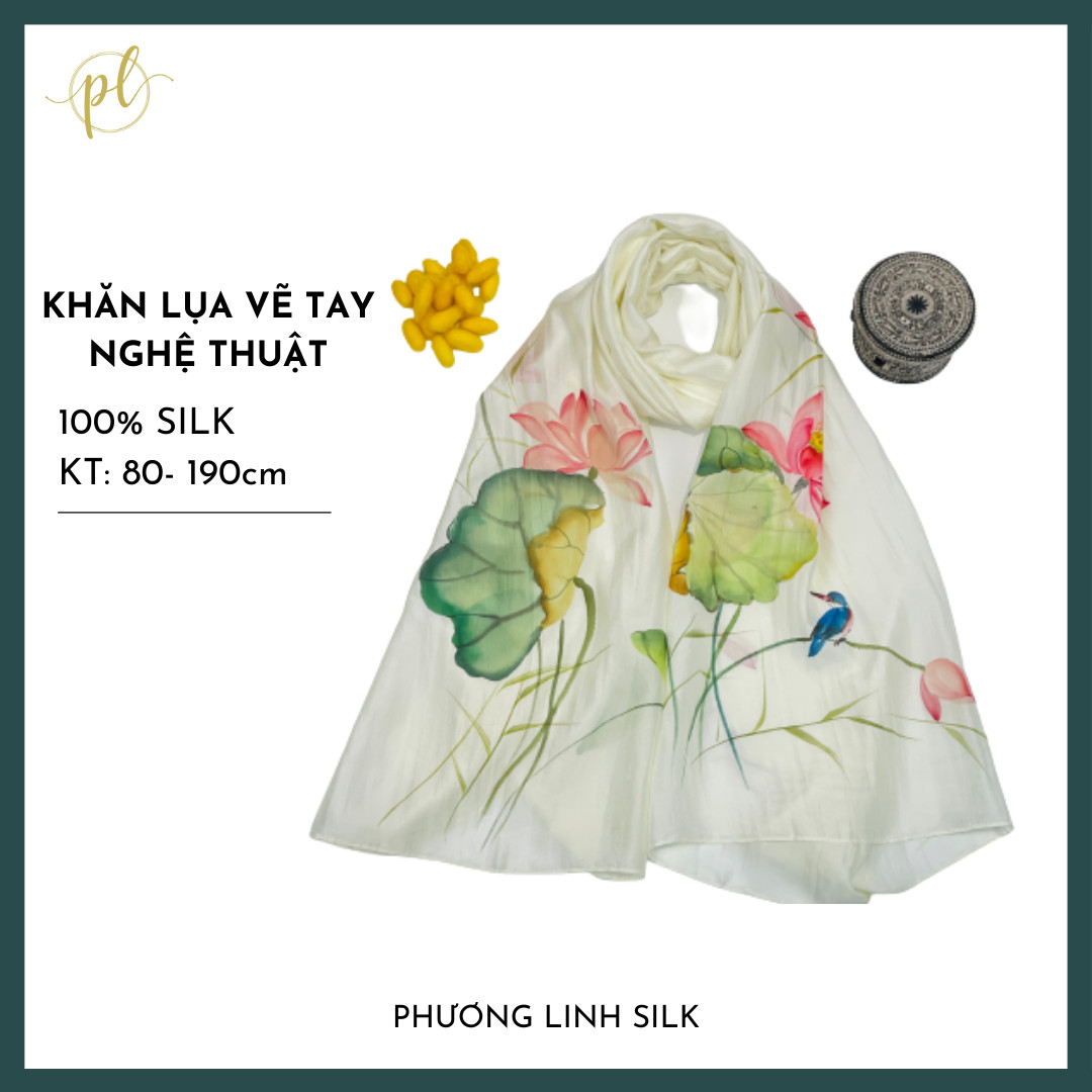 KHĂN LỤA VẼ MÀU NƯỚC NGHỆ THUẬT 100% TƠ TẰM HOA SEN QUỐC
