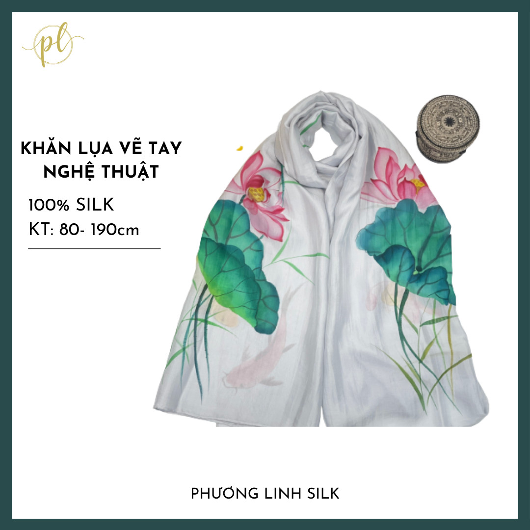 KHĂN LỤA VẼ MÀU NƯỚC NGHỆ THUẬT 100% TƠ TẰM HOA SEN QUỐC