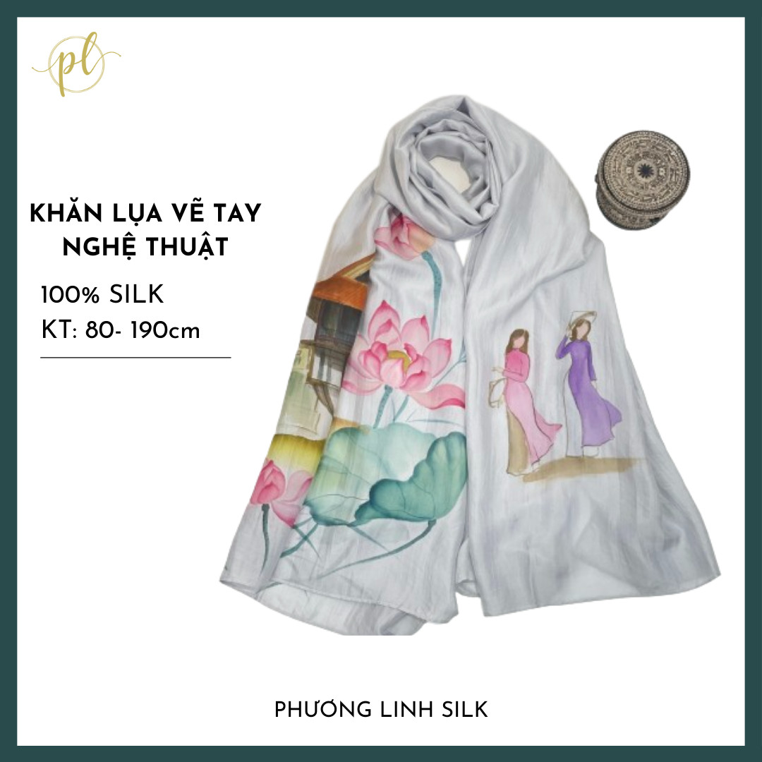 KHĂN LỤA VẼ MÀU NƯỚC NGHỆ THUẬT ĐỘC BẢN 100% TƠ TẰM PHONG CẢNH VIỆT NAM