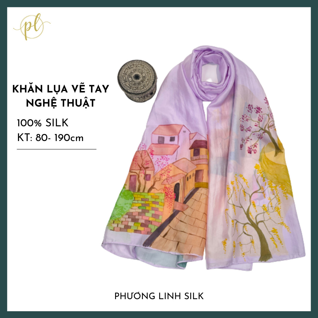 KHĂN LỤA VẼ MÀU NƯỚC NGHỆ THUẬT ĐỘC BẢN 100% TƠ TẰM PHỐ CỔ