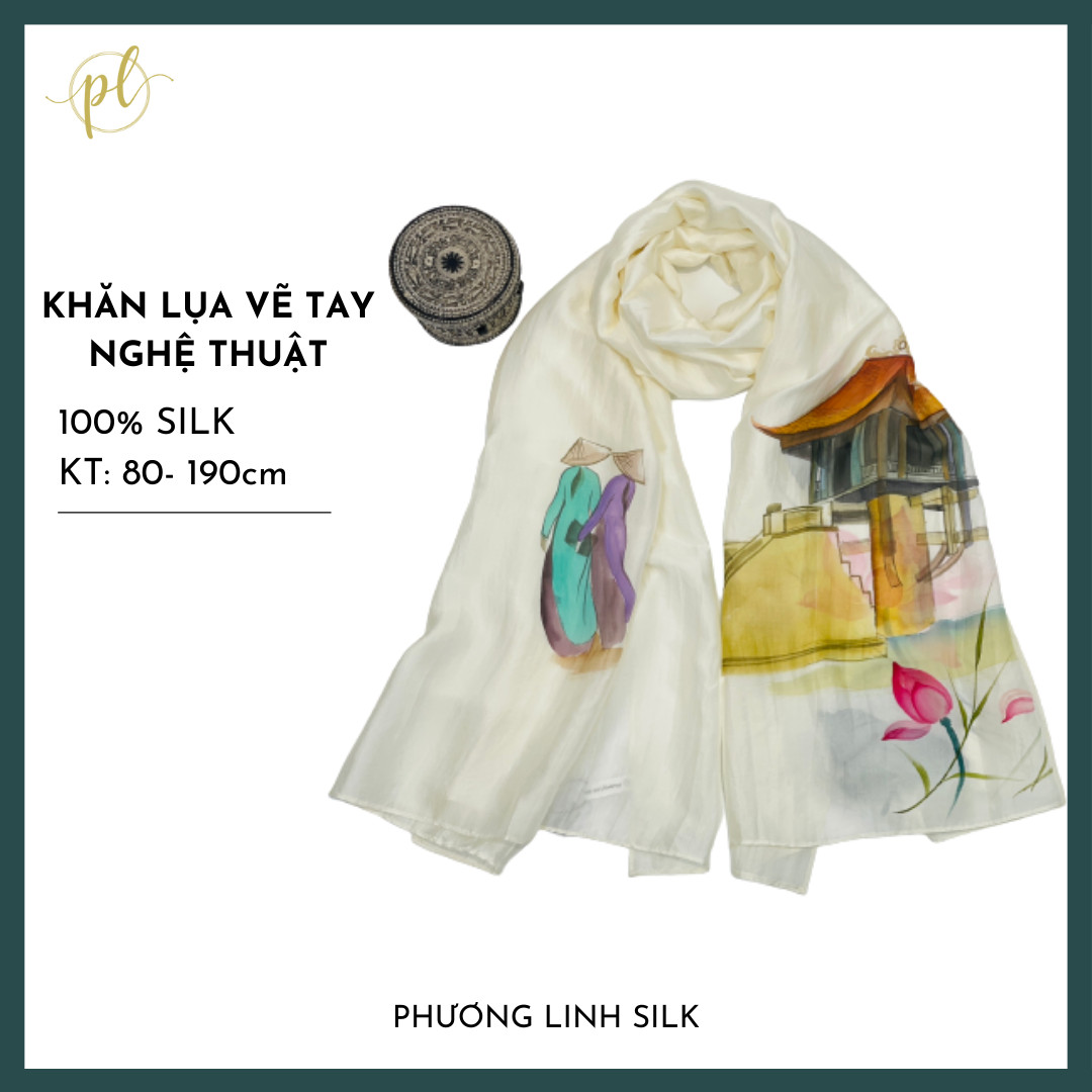 KHĂN LỤA VẼ MÀU NƯỚC NGHỆ THUẬT ĐỘC BẢN 100% TƠ TẰM PHONG CẢNH VIỆT NAM