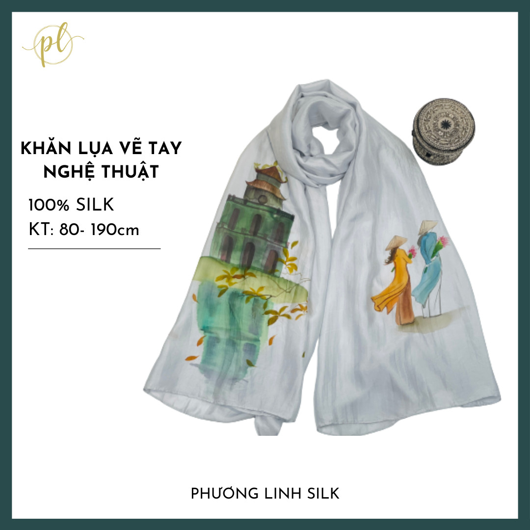 KHĂN LỤA VẼ MÀU NƯỚC NGHỆ THUẬT ĐỘC BẢN 100% TƠ TẰM PHONG CẢNH VIỆT NAM