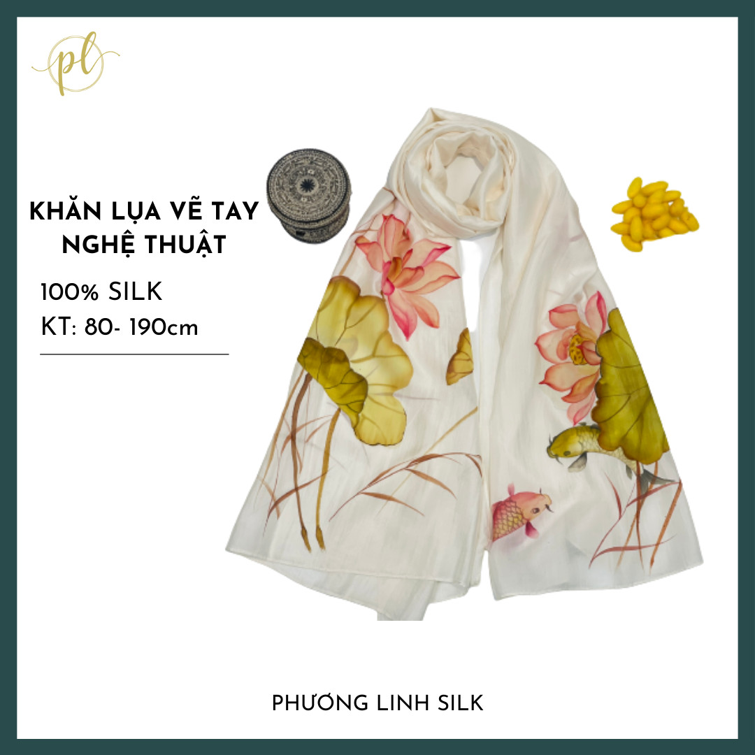 KHĂN LỤA VẼ MÀU NƯỚC NGHỆ THUẬT 100% TƠ TẰM HOA SEN QUỐC
