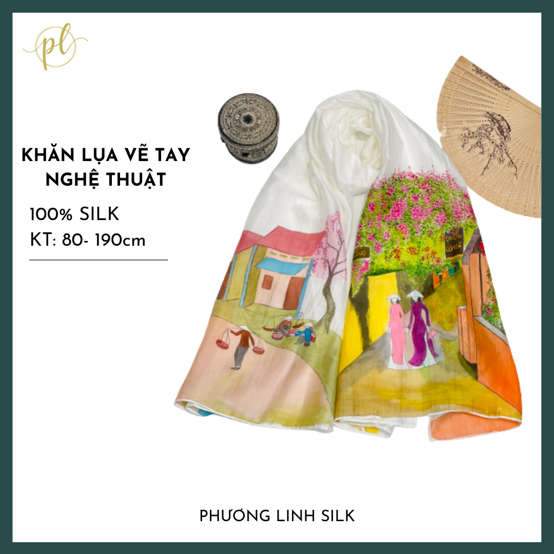 KHĂN LỤA VẼ MÀU NƯỚC NGHỆ THUẬT ĐỘC BẢN 100% TƠ TẰM PHONG CẢNH VIỆT NAM
