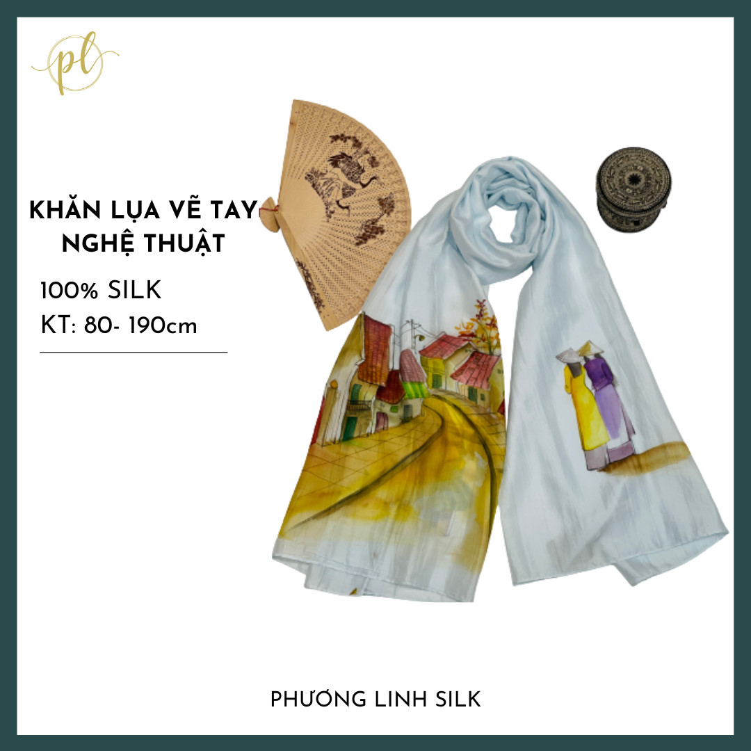 KHĂN LỤA VẼ MÀU NƯỚC NGHỆ THUẬT ĐỘC BẢN 100% TƠ TẰM PHONG CẢNH VIỆT NAM