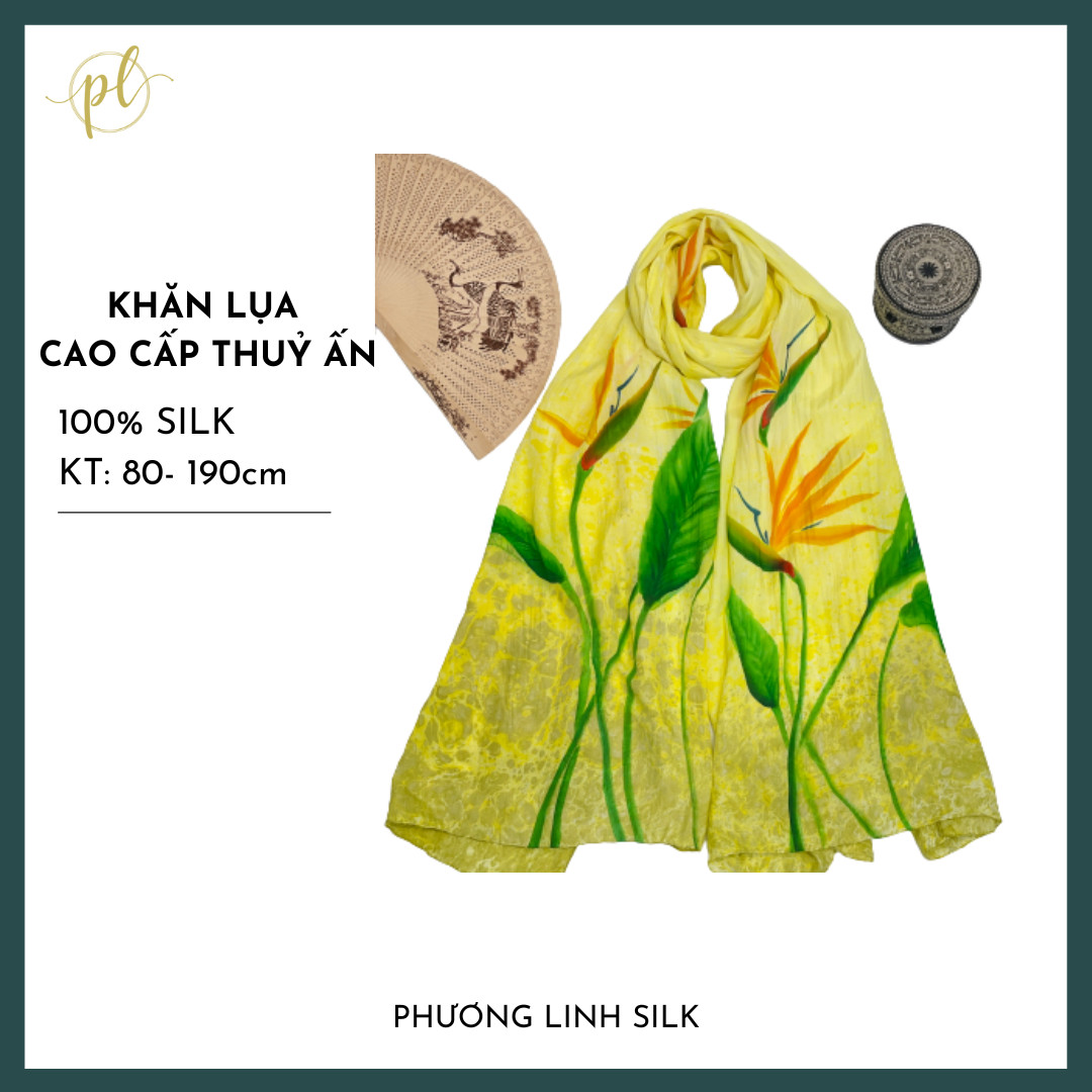 KHĂN LỤA TƠ TẰM VẼ TAY THỦY ẤN ĐỘC BẢN HOA THIÊN ĐIỂU