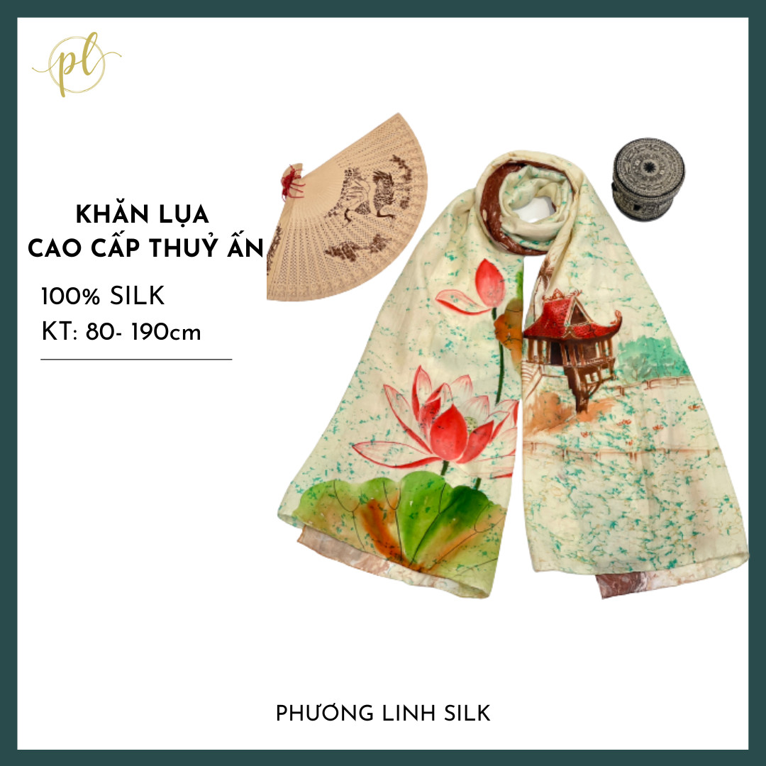 KHĂN LỤA TƠ TẰM VẼ TAY THỦY ẤN ĐỘC BẢN HOA SEN & CHÙA MỘT CỘT