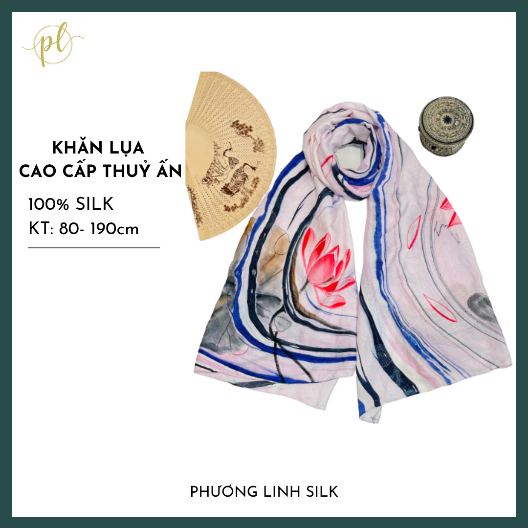 KHĂN LỤA VẼ TAY CAO CẤP VÂN CỔ THỦY ẤN 100% TƠ TẰM ĐỘC BẢN VẼ HOA SEN QUỐC
