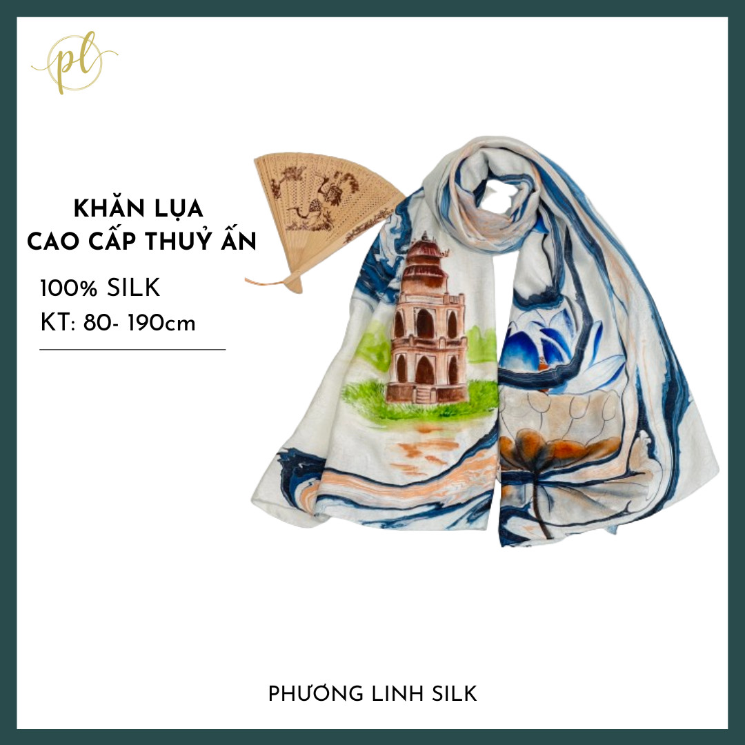 KHĂN LỤA VẼ TAY CAO CẤP VÂN CỔ THỦY ẤN 100% TƠ TẰM ĐỘC BẢN VẼ HỒ GƯƠM & HOA SEN