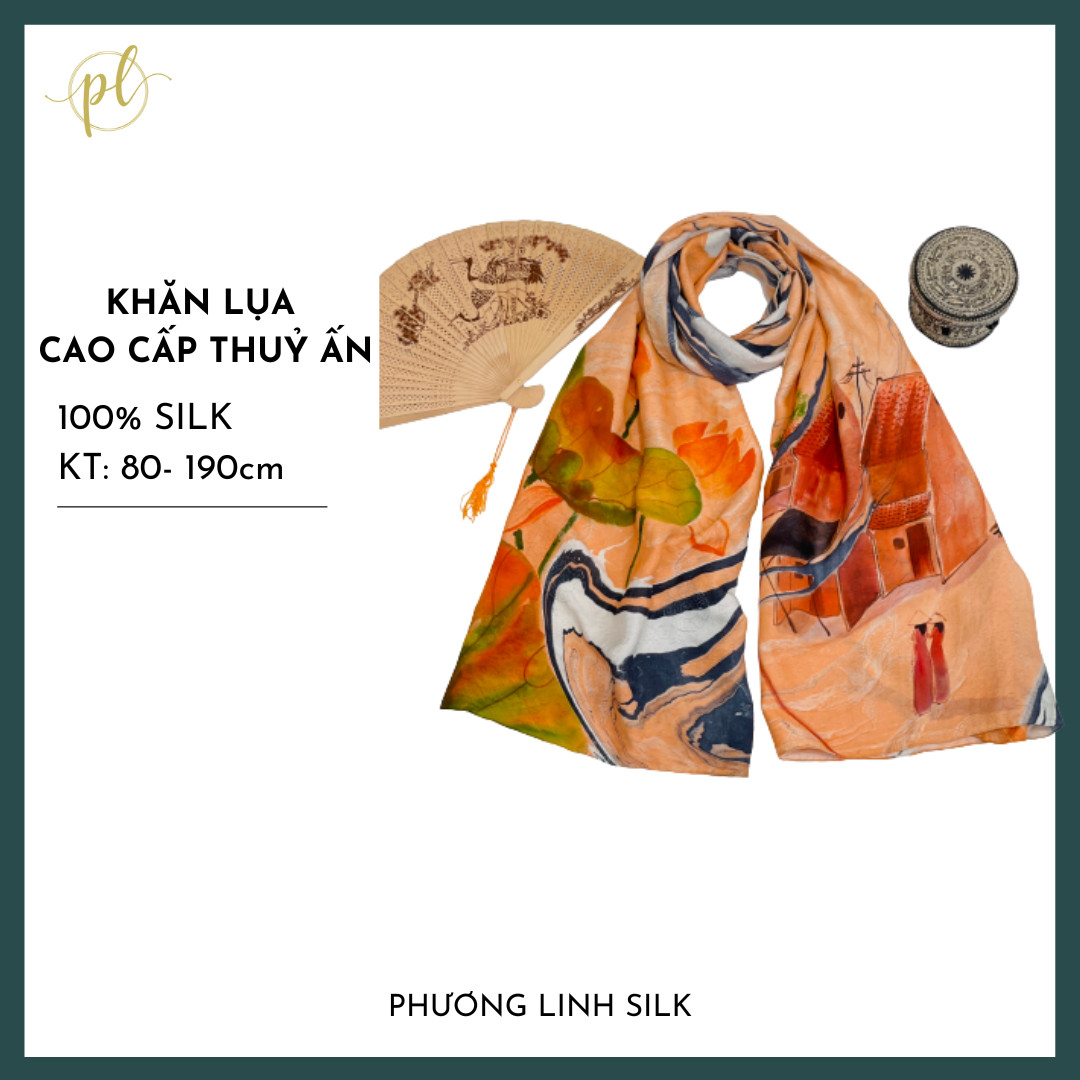 KHĂN LỤA VẼ TAY CAO CẤP VÂN CỔ THỦY ẤN 100% TƠ TẰM ĐỘC BẢN VẼ HOA SEN QUỐC & PHỐ CỔ