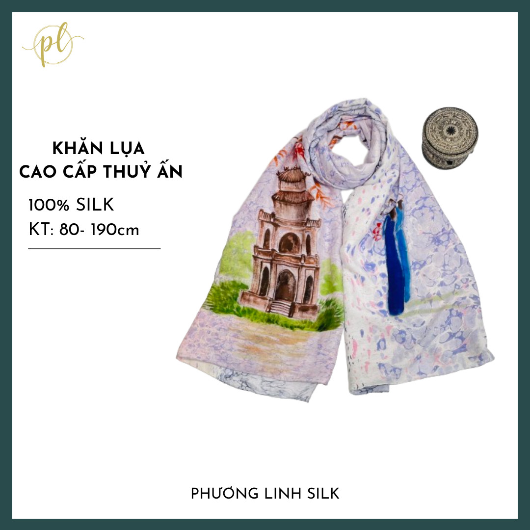 KHĂN LỤA VẼ TAY CAO CẤP VÂN CỔ THỦY ẤN 100% TƠ TẰM ĐỘC BẢN VẼ HỒ GƯƠM & THIẾU NỮ ÁO DÀI