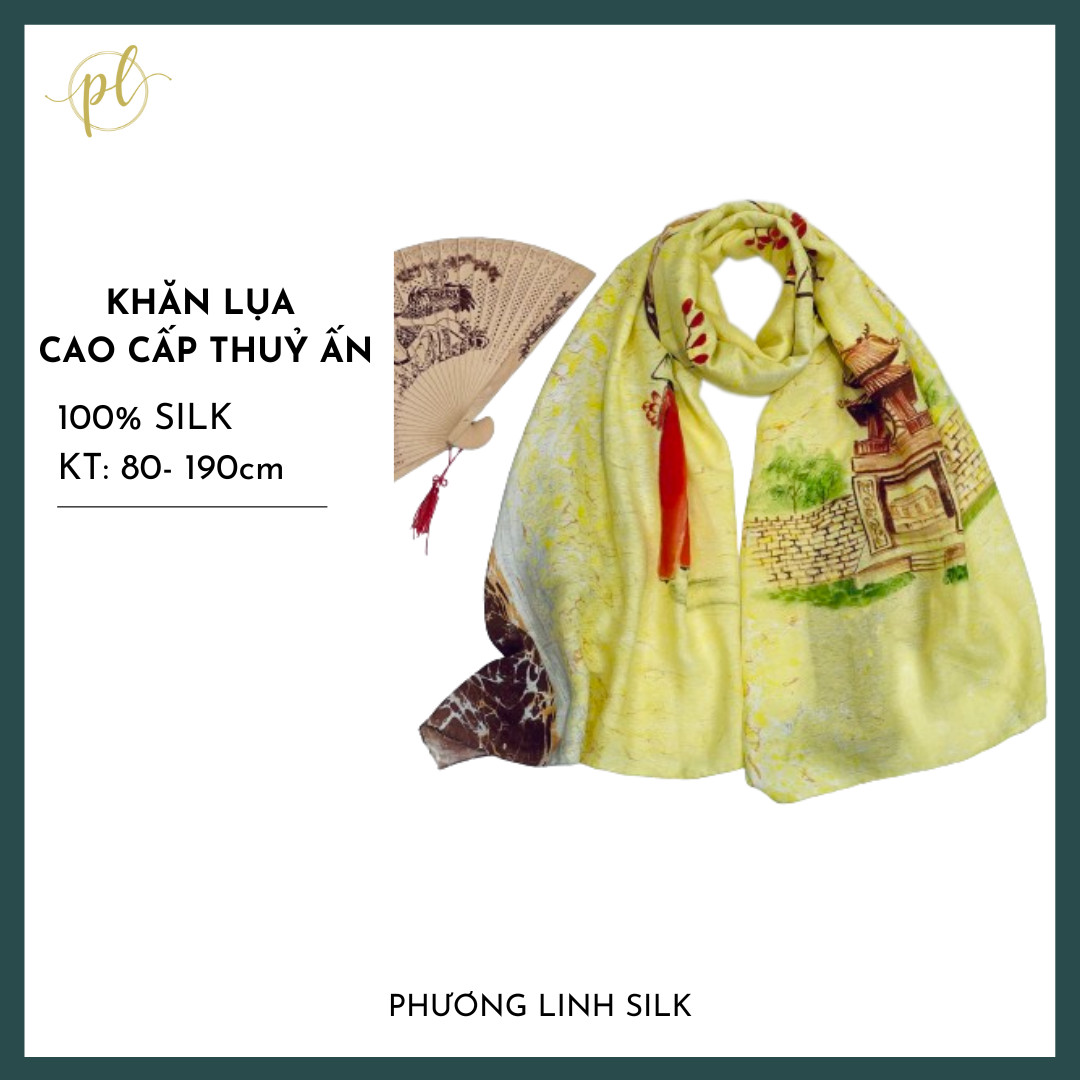 KHĂN LỤA VẼ TAY CAO CẤP VÂN CỔ THỦY ẤN 100% TƠ TẰM ĐỘC BẢN VẼ VĂN MIẾU QUỐC TỬ GIÁM & THIẾU NỮ ÁO DÀI