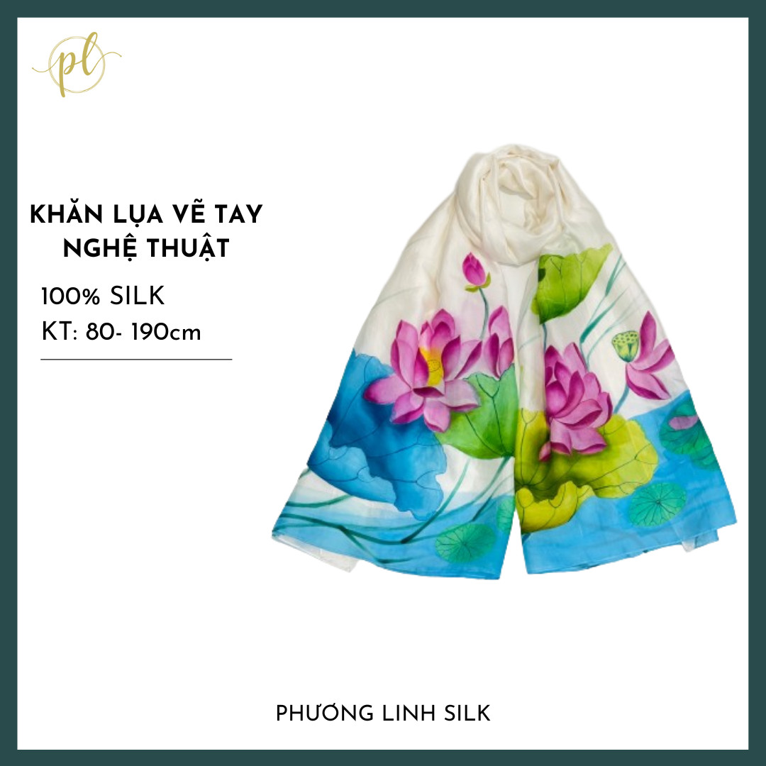 KHĂN LỤA VẼ MÀU NƯỚC NGHỆ THUẬT ĐỘC BẢN 100% TƠ TẰM HOA SEN QUỐC