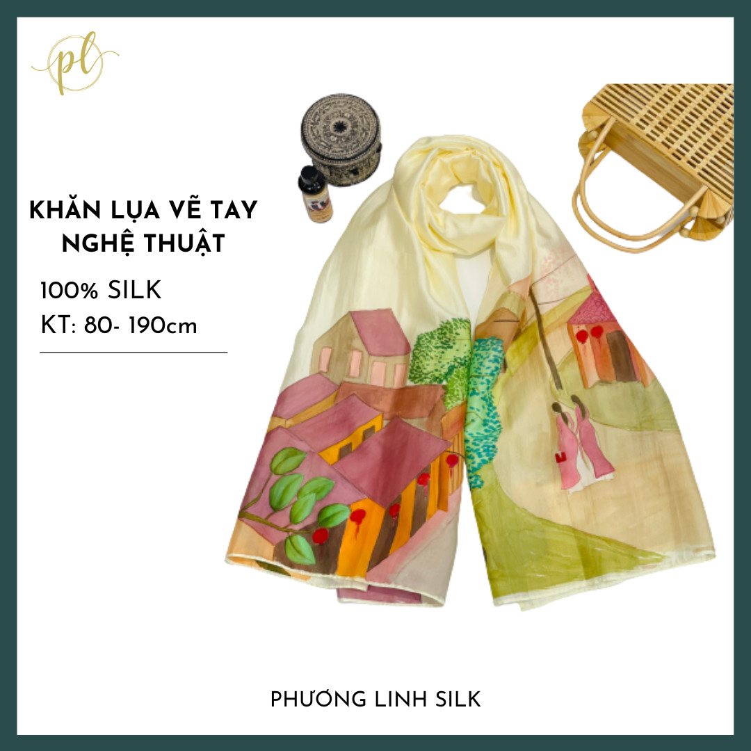 KHĂN LỤA VẼ MÀU NƯỚC NGHỆ THUẬT ĐỘC BẢN 100% TƠ TẰM PHONG CẢNH VIỆT NAM