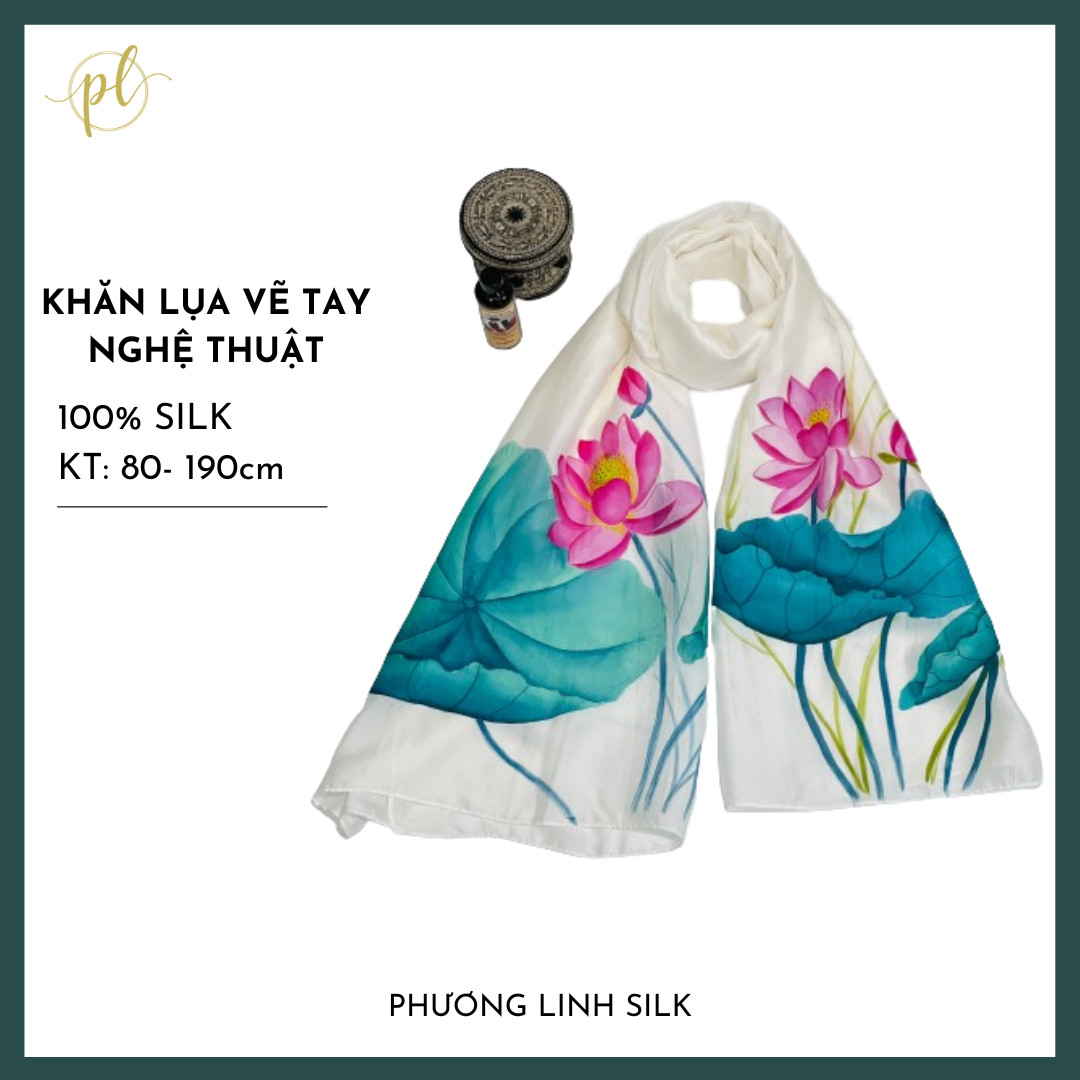 KHĂN LỤA VẼ MÀU NƯỚC NGHỆ THUẬT ĐỘC BẢN 100% TƠ TẰM HOA SEN QUỐC
