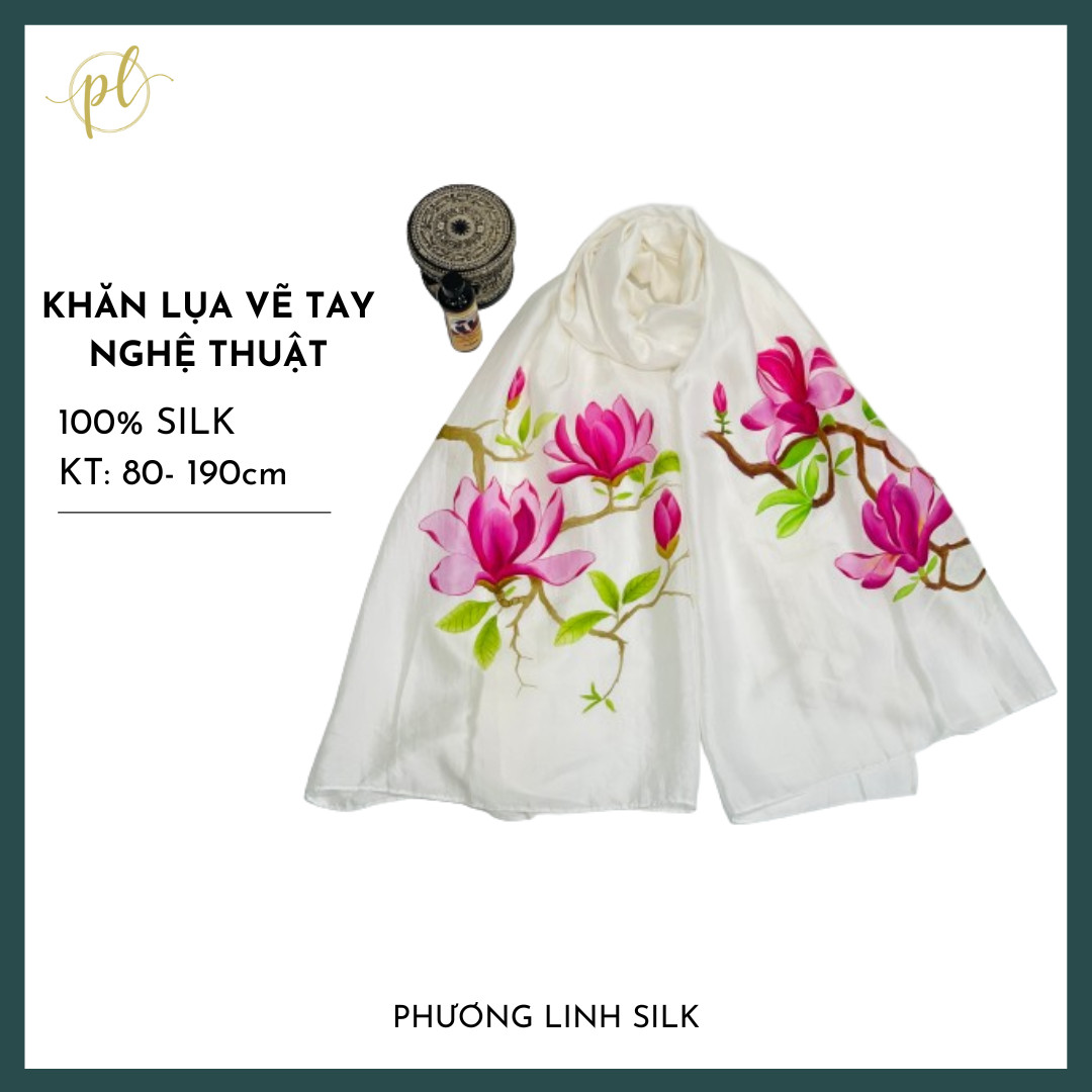 KHĂN LỤA VẼ MÀU NƯỚC NGHỆ THUẬT ĐỘC BẢN 100% TƠ TẰM HOA MỘC LAN