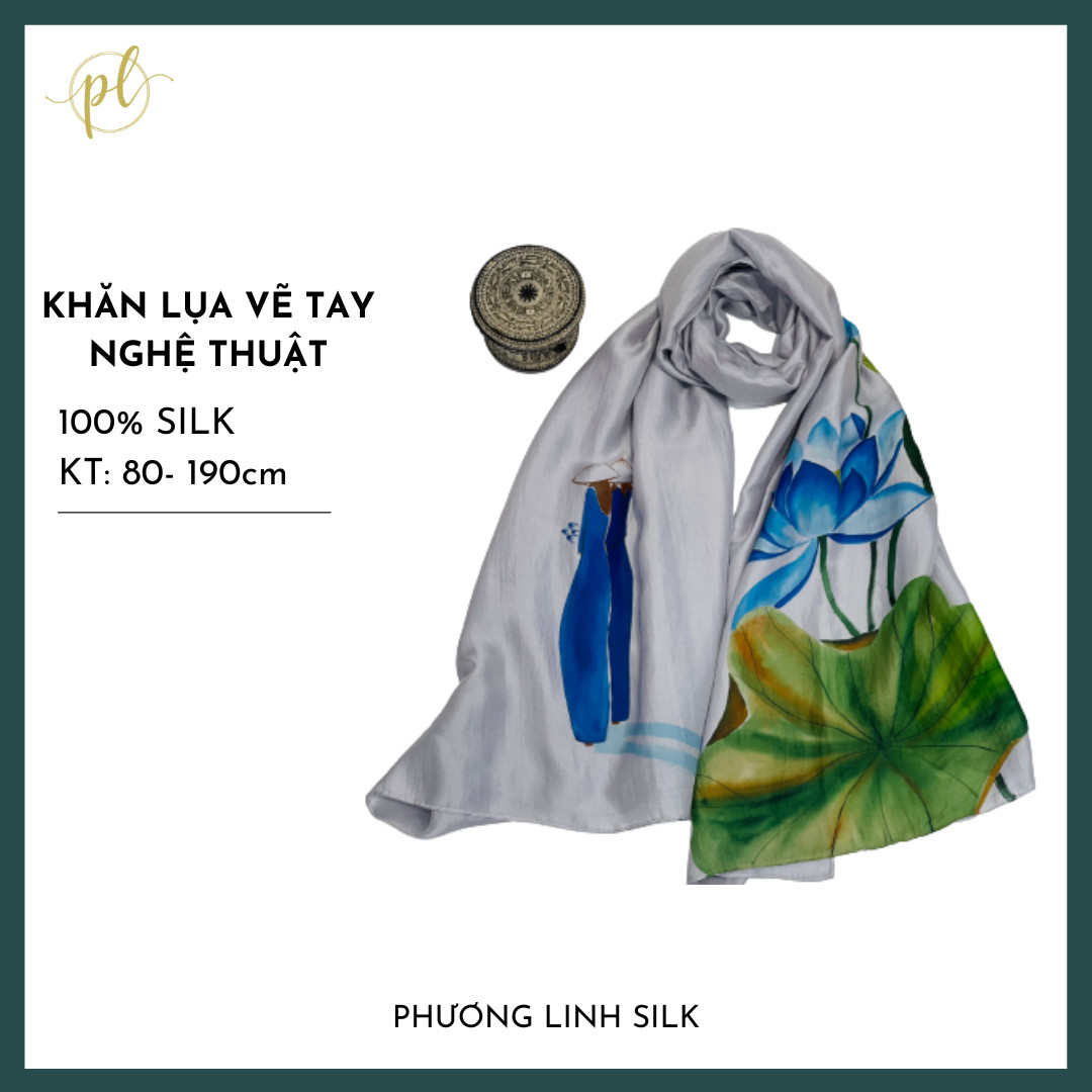 KHĂN LỤA VẼ MÀU NƯỚC NGHỆ THUẬT ĐỘC BẢN 100% TƠ TẰM HOA SEN QUỐC