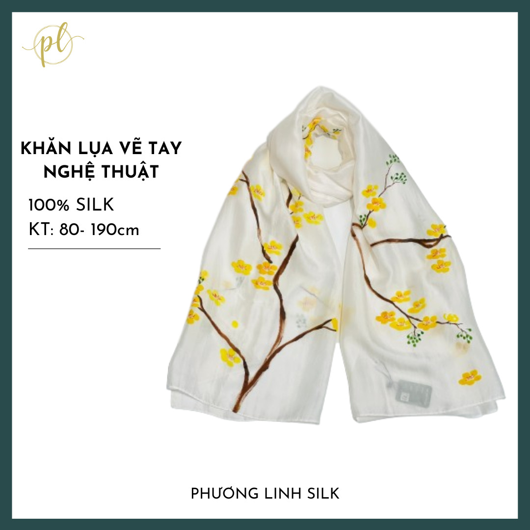 KHĂN LỤA VẼ MÀU NƯỚC NGHỆ THUẬT ĐỘC BẢN 100% TƠ TẰM HOA ĐÀO
