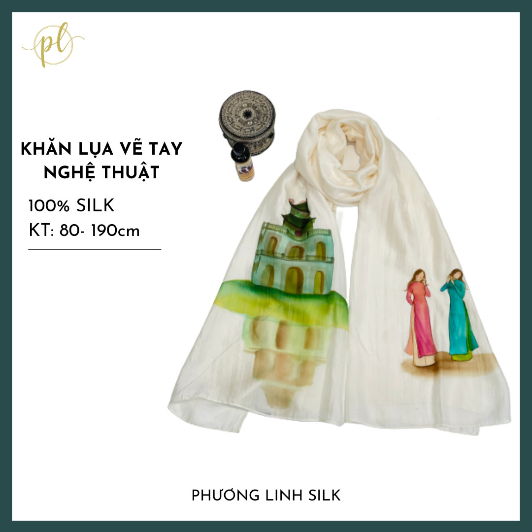 KHĂN LỤA VẼ MÀU NƯỚC NGHỆ THUẬT ĐỘC BẢN 100% TƠ TẰM PHONG CẢNH VIỆT NAM