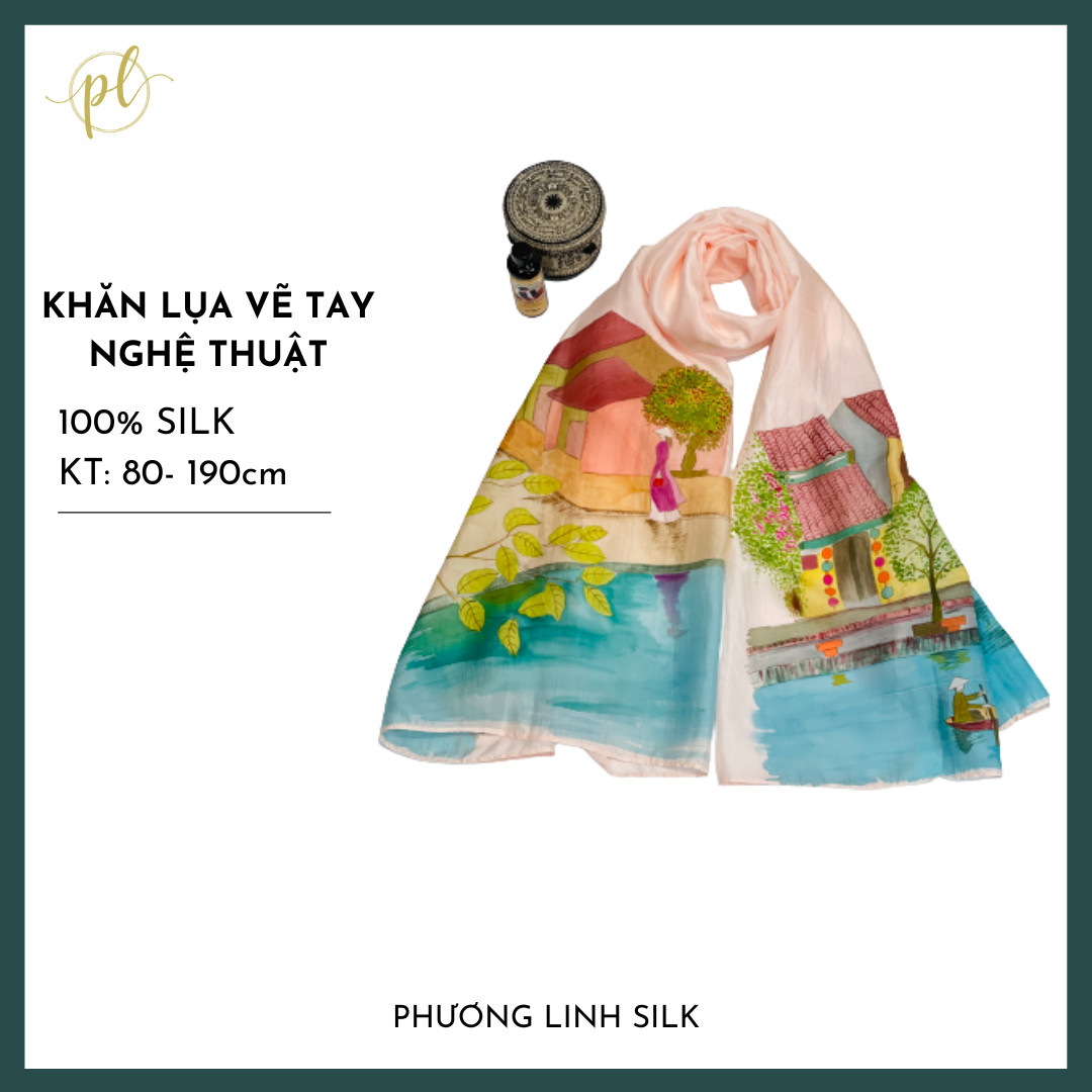 KHĂN LỤA VẼ MÀU NƯỚC NGHỆ THUẬT ĐỘC BẢN 100% TƠ TẰM PHONG CẢNH VIỆT NAM