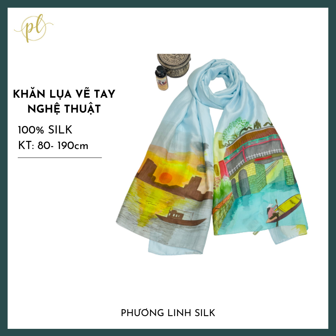 KHĂN LỤA VẼ MÀU NƯỚC NGHỆ THUẬT ĐỘC BẢN 100% TƠ TẰM PHONG CẢNH VIỆT NAM