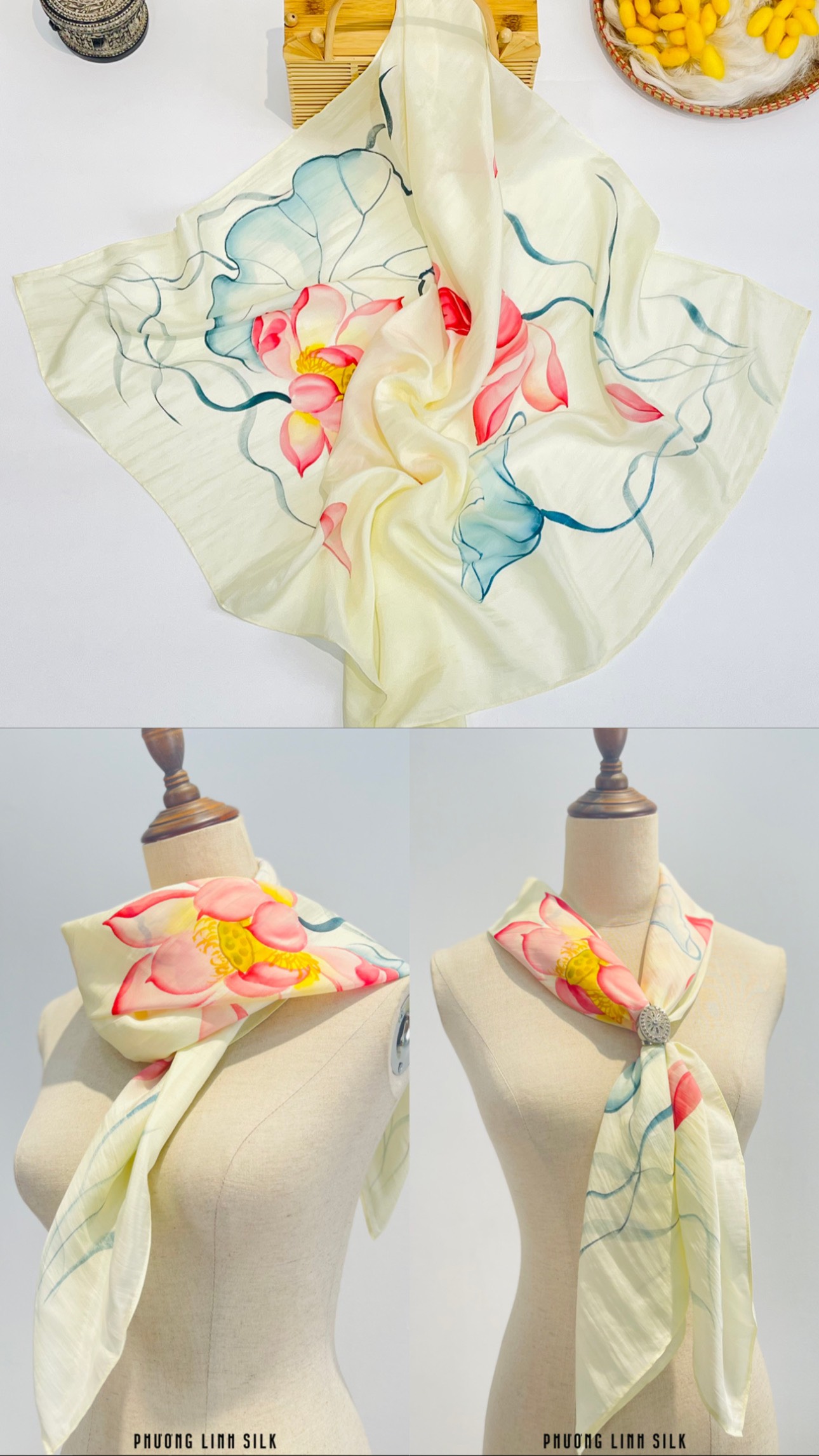 KHĂN LỤA VẼ TAY NGHỆ THUẬT KT 80cmx80cm