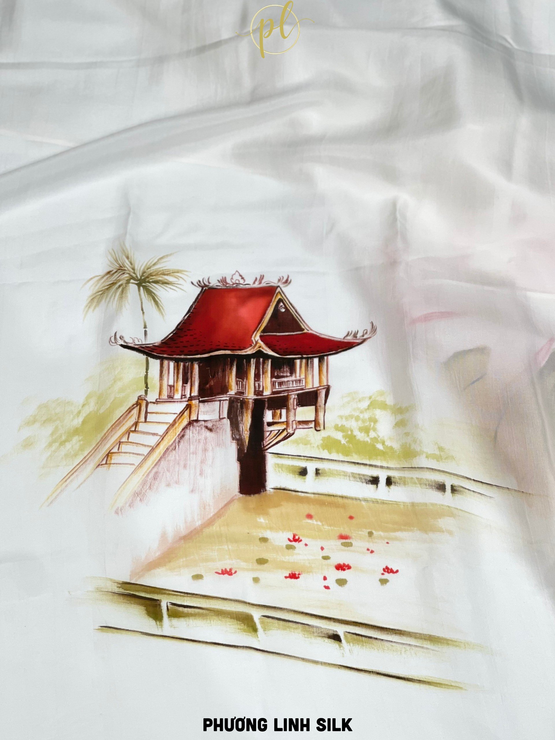 KHĂN LỤA VẼ MÀU NƯỚC NGHỆ THUẬT ĐỘC BẢN 100% TƠ TẰM CHÙA MỘT CỘT PHONG CẢNH VIỆT NAM