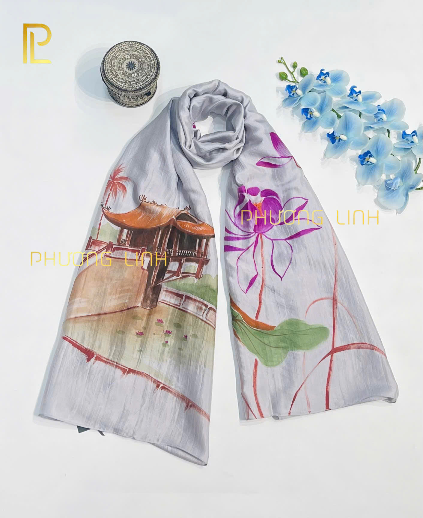 KHĂN LỤA HÀ ĐÔNG VẼ TAY NGHỆ THUẬT CHÙA MỘT CỘT CAO CẤP