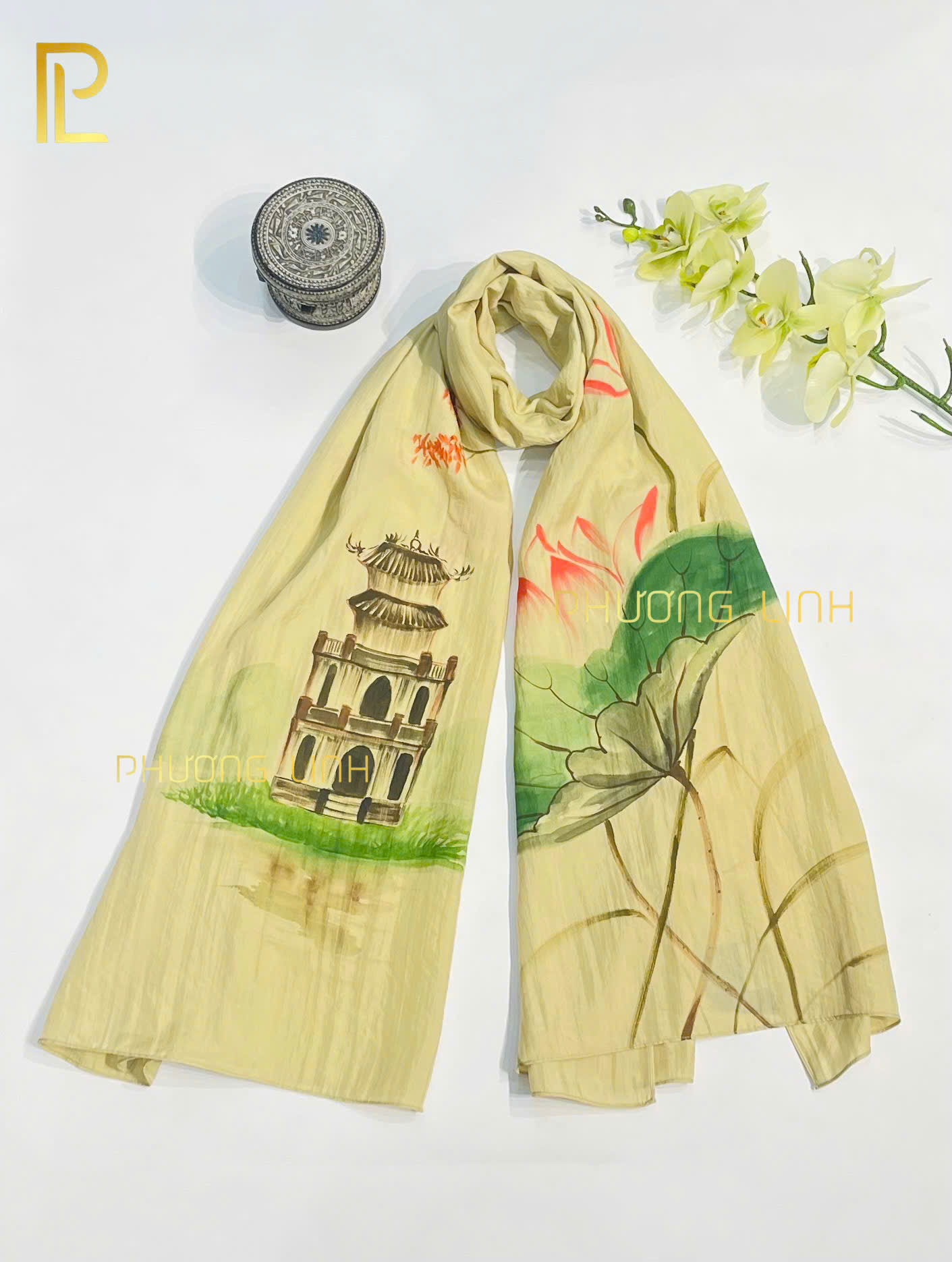 KHĂN LỤA HÀ ĐÔNG VẼ TAY NGHỆ THUẬT HỒ GƯƠM CAO CẤP