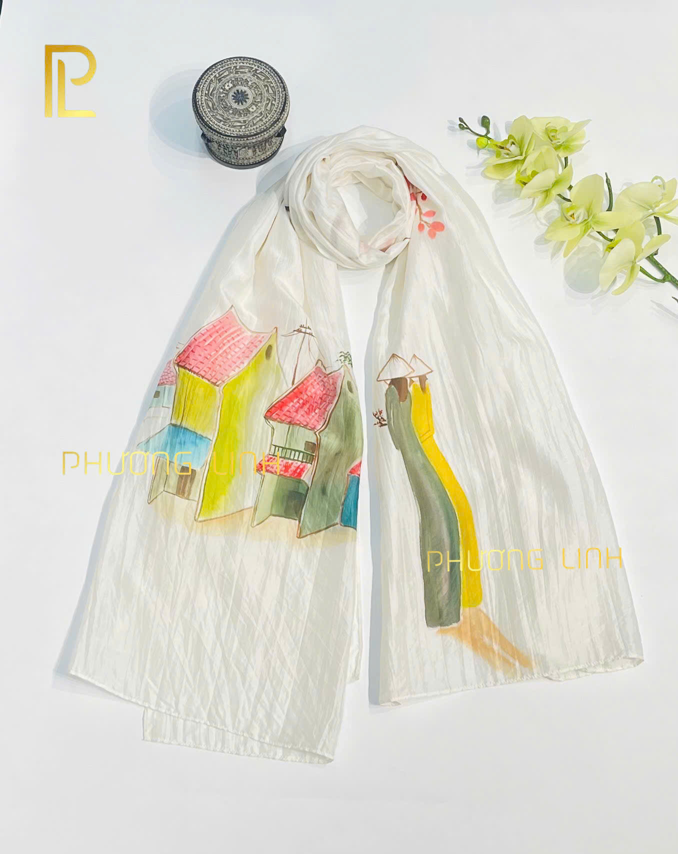 KHĂN LỤA HÀ ĐÔNG VẼ TAY NGHỆ THUẬT PHỐ CỔ CAO CẤP