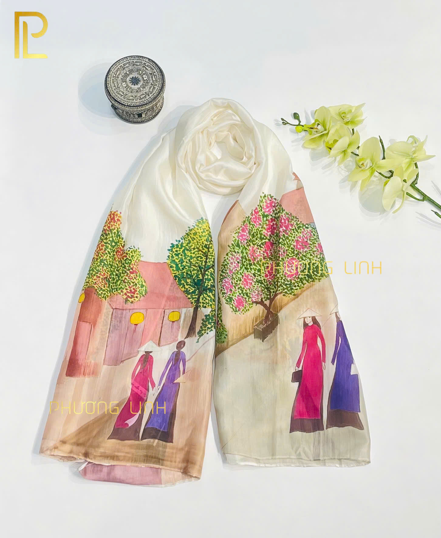 KHĂN LỤA HÀ ĐÔNG VẼ TAY NGHỆ THUẬT PHỐ CỔ CAO CẤP