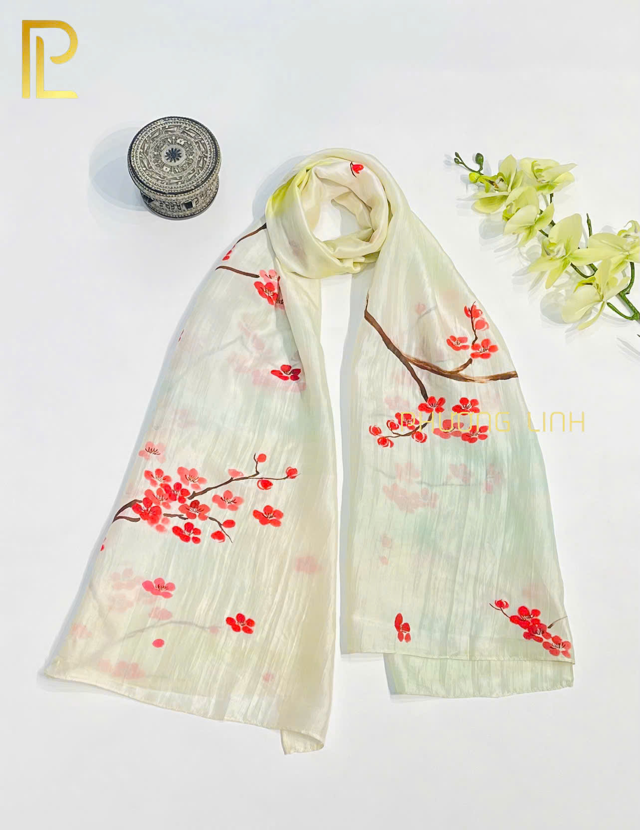 KHĂN LỤA HÀ ĐÔNG VẼ TAY NGHỆ THUẬT HOA ĐÀO CAO CẤP